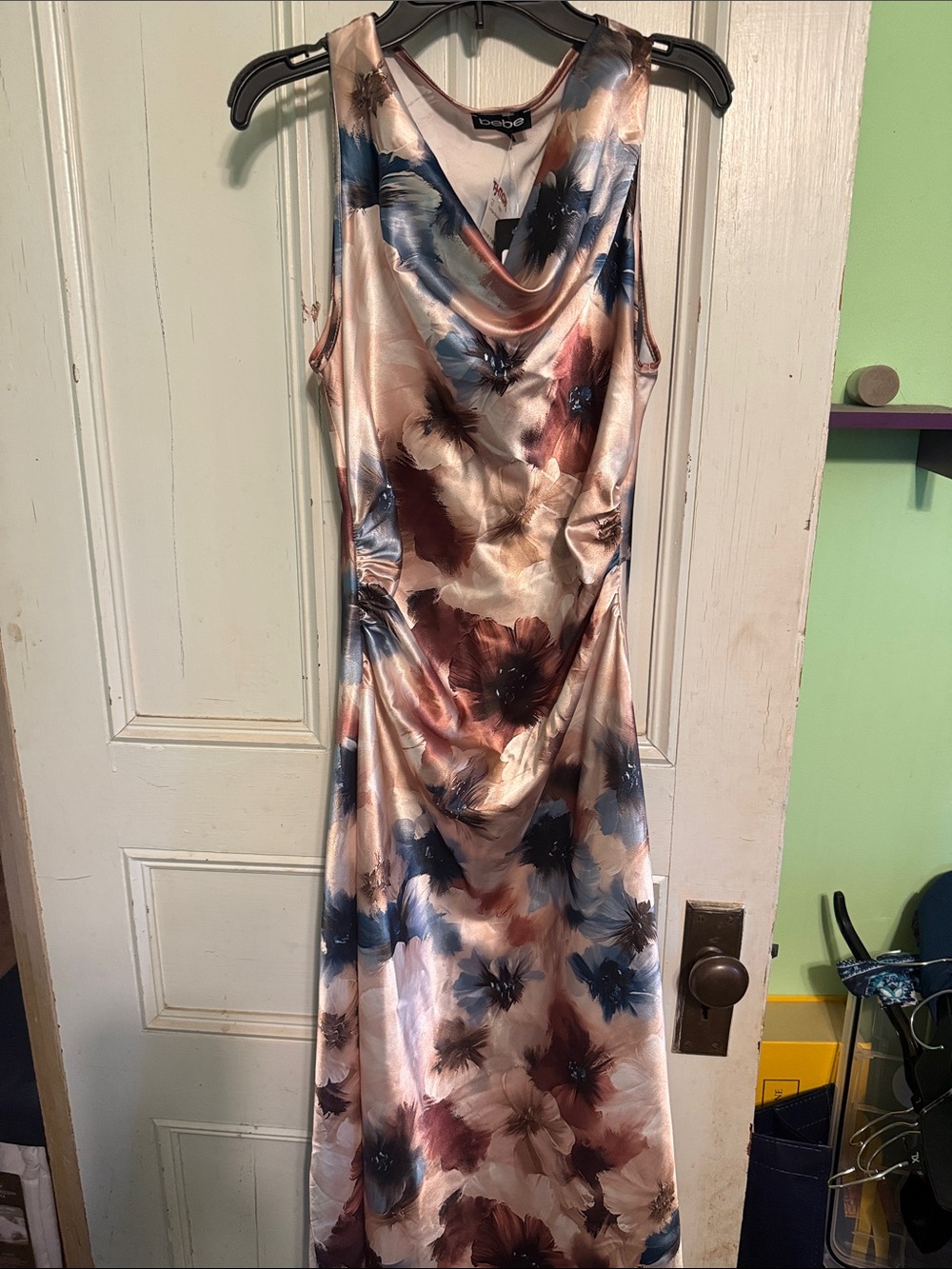 bebe Satin Floral Maxi Dress in Blush, Blue, Burgundy